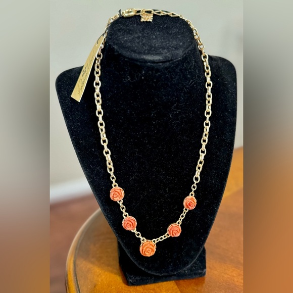 Necklace Gold-Tone Carved Rose Statement 17" + 3" extender Egyptian Gold, Pink - Picture 4 of 11